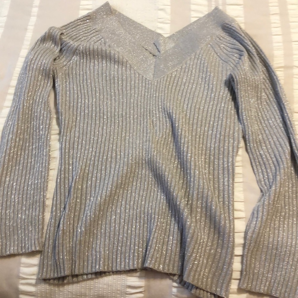 New York & company Sparkly silver ribbed v-neck sweater